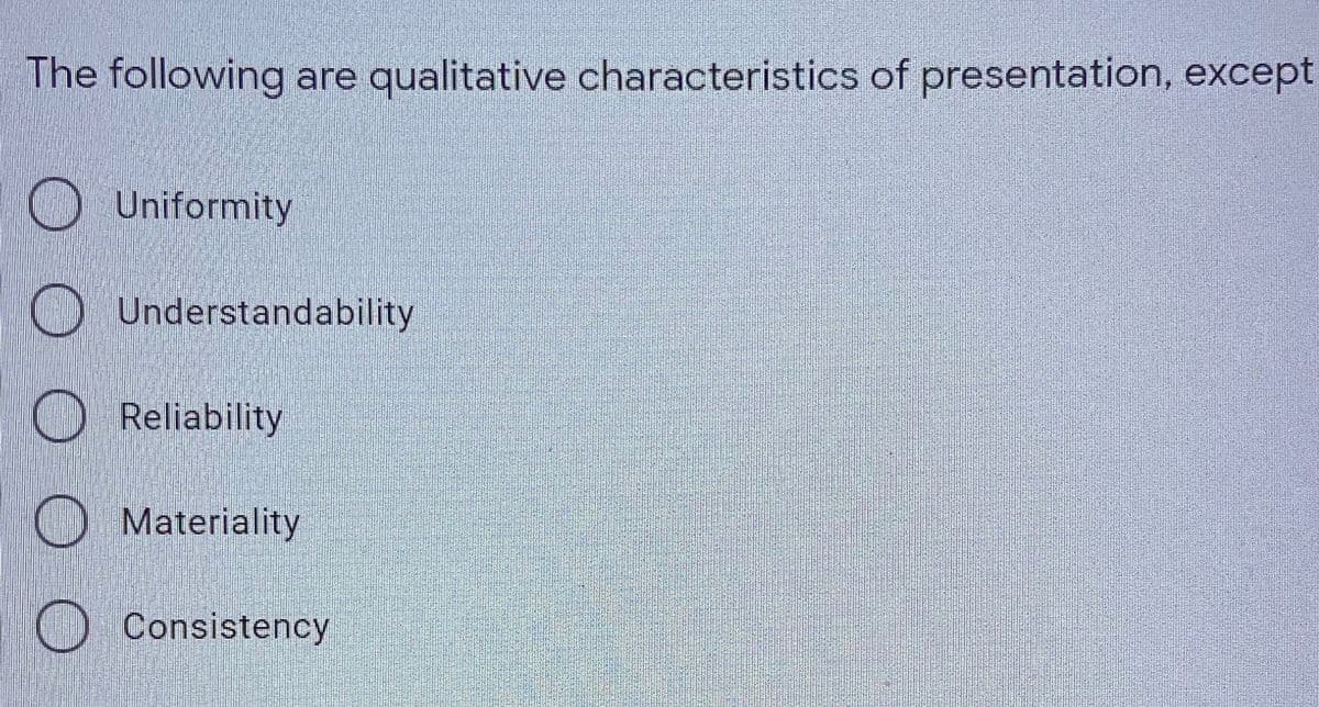The following are qualitative characteristics of presentation, except
O Uniformity
O Understandability
Reliability
O Materiality
Consistency
