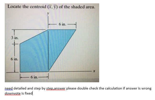 Locate the centroid (T. y) of the shaded area.
6 in.
3 in.
6 in.
6 in.-
need detailed and step by step answer please double check the calculation if answer is wrong
downvote is fixed
