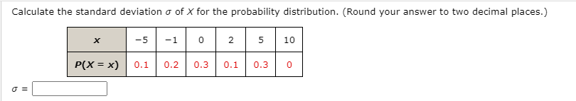Calculate the standard deviation o of X for the probability distribution. (Round your answer to two decimal places.)
-5
-1
2
5
10
P(X = x)
0.1
0.2
0.3
0.1
0.3
O =
