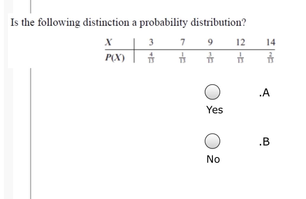 Is the following distinction a probability distribution?
X
3
7 9
12
14
4
P(X)
13
13
.A
Yes
.B
No
