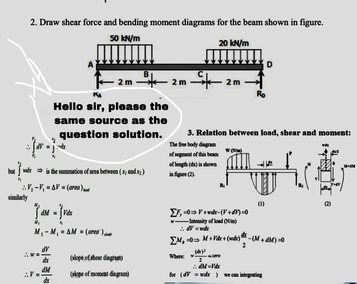 2. Draw shear force and bending moment diagrams for the beam shown in figure.
50 kN/m
20 kN/m
2 m
2 m
-
2 m
Ro
Hello sir, please the
same source as the
question solution.
3. Relation between load, shear and moment:
The free body diagram
wdx
:-
%3!
W (N/m)
严
of segment of this beam
of length (dx) is shown
M+4M
but wdx is the summation of area between (x, and x2)
in figure (2).
V+av
..V, -V, = AV = (area) nad
RI
%3!
similarly
M2
(1)
(2)
( dM = Vdx
EF, =0= V +wdx-(V+dV)%3D0
w ------- Intensity of load (N/m)
. dV =wdx
M1
M, - M, = AM = (area ) hm
%3!
dx
M, =0= M+Vdx + (wdx)-(M + dM) =0
shear
AP
. W =-
(dr)?
dx
(slope of shear diagram)
Where:
:ero
2
.. dM Vdx
dM
:.V =
dx
(slope of moment diagram)
for (dV = wdx )
we can integrating
