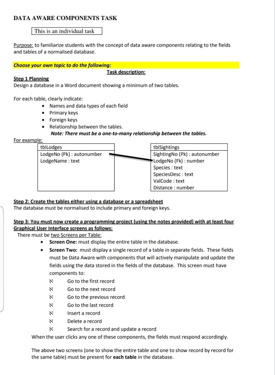 DATA AWARE COMPONENTS TASK
This is an individual task
Purpose: to familiarize students with the concept of data aware components relating to the fields
and tables of a normalised database.
Choose your own topic to do the following:
Task description:
Step 1 Planning
Design a database in a Word document showing a minimum of two tables.
For each table, clearly indicate:
Names and data types of each field
• Primary keys
• Foreign keys
Relationship between the tables.
Note: There must be a one-to-many relationship between the tables.
For example:
tblSightings
SightingNo (Pk) : autonumber
LodgeNo (Fk) : number
Species : text
SpeciesDesc : text
ValCode : text
tblLodges
LodgeNo (Pk) : autonumber
LodgeName : text
Distance : number
Step 2: Create the tables either using a database or a spreadsheet
The database must be normalised to include primary and foreign keys.
Step 3: You must now create a programming project (using the notes provided) with at least four
Graphical User Interface screens as follows:
There must be two Screens per Table:
Screen One: must display the entire table in the database.
Screen Two: must display a single record of a table in separate fields. These fields
must be Data Aware with components that will actively manipulate and update the
fields using the data stored in the fields of the database. This screen must have
components to:
Go to the first record
א
Go to the next record
א
Go to the previous record
א
Go to the last record
א
Insert a record
Delete a record
א
Search for a record and update a record
When the user clicks any one of these components, the fields must respond accordingly.
The above two screens (one to show the entire table and one to show record by record for
the same table) must be present for each table in the database.
