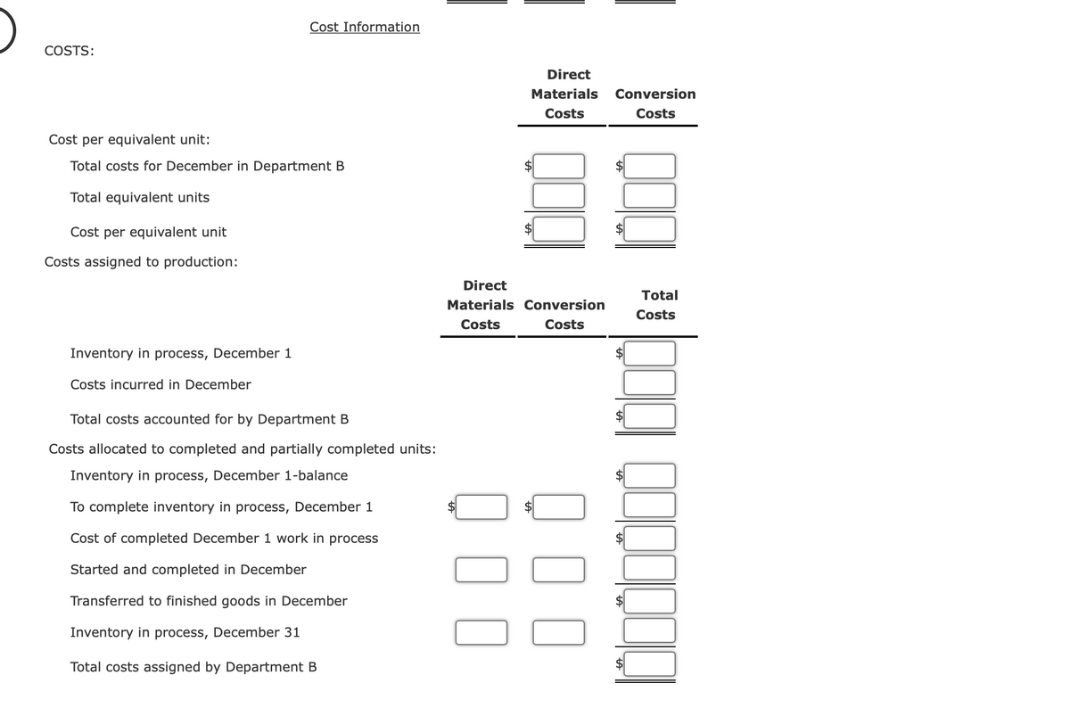 Cost Information
COSTS:
Direct
Materials
Conversion
Costs
Costs
Cost per equivalent unit:
Total costs for December in Department B
Total equivalent units
Cost per equivalent unit
Costs assigned to production:
Direct
Total
Materials Conversion
Costs
Costs
Costs
Inventory in process, December 1
Costs incurred in December
Total costs accounted for by Department B
Costs allocated to completed and partially completed units:
Inventory in process, December 1-balance
To complete inventory in process, December 1
Cost of completed December 1 work in process
Started and completed in December
Transferred to finished goods in December
Inventory in process, December 31
Total costs assigned by Department B
