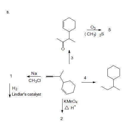 03
(CH) 2S
Na
1
4
CH3CI
H2
Lindlar's catalyst
KMNO4
A H*
2.
B.
