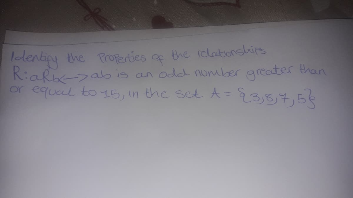 elentip the Properties
Riakhabis an odd nomber greater than
or equal to 15, in the set A=2357,5€
of
the relatonships
