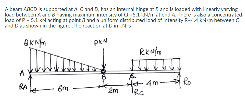 A beam ABCD is supported at A, C and D, has an internal hinge at B and is loaded with linearly varying
load between A and B having maximum intensity of Q =5.1 kN/m at end A. There is also a concentrated
load of P = 5.1 kN acting at point B and a uniform distributed load of intensity R=4.4 kN/m between C
and D as shown in the figure .The reaction at D in kN is
PEN
RKNm
A
不
Ho 4m
2m
Ro
RA
6m
IRC
