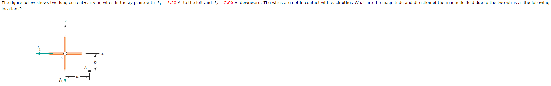 The figure below shows two long current-carrying wires in the xy plane with I, = 2.50 A to the left and 12 = 5.00 A downward. The wires are not in contact with each other. What are the magnitude and direction of the magnetic field due to the two wires at the following
locations?
