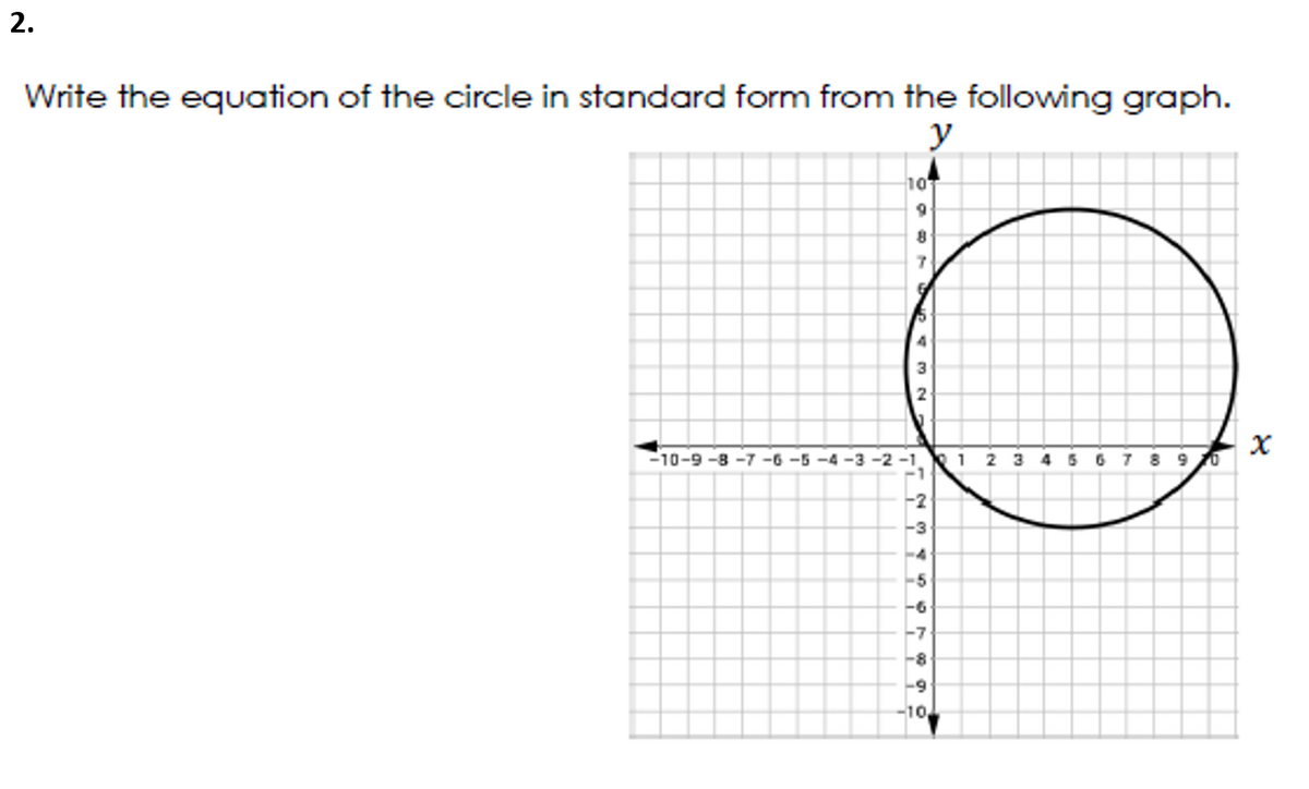 2.
Write the equation of the circle in standard form from the following graph.
y
10
3.
-10-9 -8 -7 -6 –5 –4 -3 -2 -1.
-1
R12 3 45 6 7 8 90
-3
-4
-5
9-
-7
-8
-69
-10
