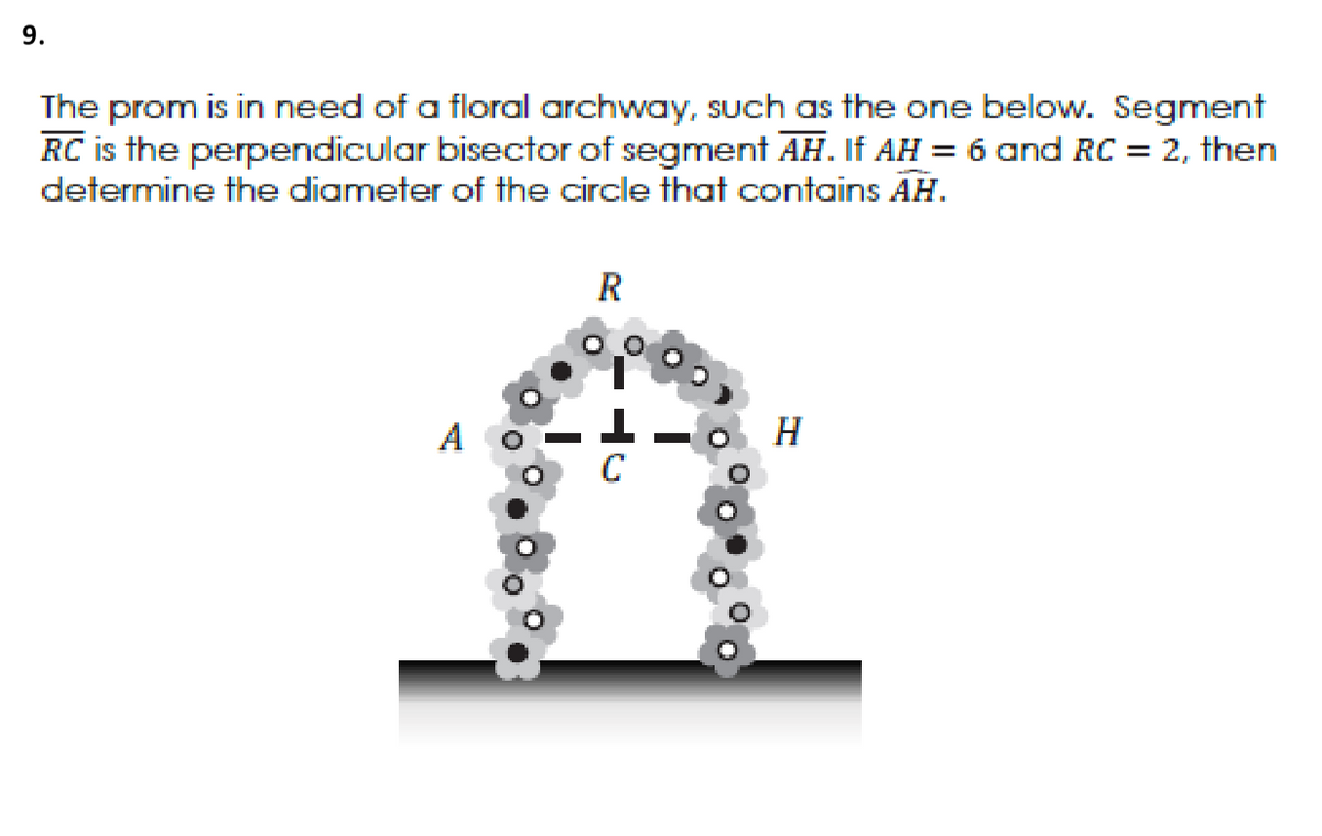 9.
The prom is in need of a floral archway, Such as the one below. Segment
RC is the perpendicular bisector of segment AH. If AH = 6 and RC = 2, then
determine the diameter of the circle that contains AH.
R
