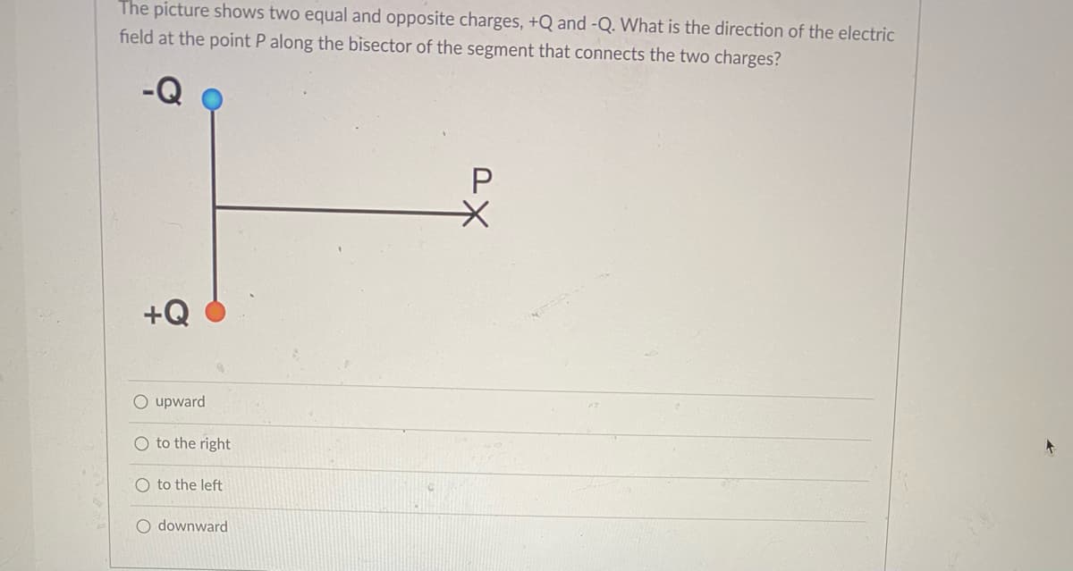 The picture shows two equal and opposite charges, +Q and -Q. What is the direction of the electric
field at the point P along the bisector of the segment that connects the two charges?
-Q
+Q
O upward
O to the right
O to the left
downward
