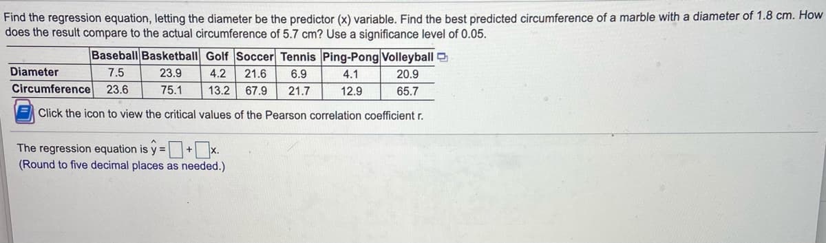 Find the regression equation, letting the diameter be the predictor (x) variable. Find the best predicted circumference of a marble with a diameter of 1.8 cm. How
does the result compare to the actual circumference of 5.7 cm? Use a significance level of 0.05.
Baseball Basketball Golf Soccer Tennis Ping-Pong Volleyball
Diameter
7.5
23.9
4.2
21.6
6.9
4.1
20.9
Circumference
23.6
75.1
13.2
67.9
21.7
12.9
65.7
Click the icon to view the critical values of the Pearson correlation coefficient r.
The regression equation is y =+ x.
(Round to five decimal places as needed.)
sy3=
