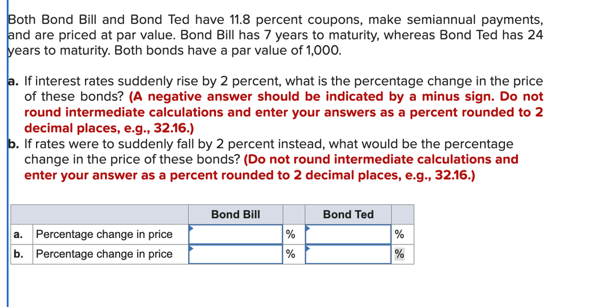 Both Bond Bill and Bond Ted have 11.8 percent coupons, make semiannual payments,
and are priced at par value. Bond Bill has 7 years to maturity, whereas Bond Ted has 24
years to maturity. Both bonds have a par value of 1,000.
a. If interest rates suddenly rise by 2 percent, what is the percentage change in the price
of these bonds? (A negative answer should be indicated by a minus sign. Do not
round intermediate calculations and enter your answers as a percent rounded to 2
decimal places, e.g., 32.16.)
b. If rates were to suddenly fall by 2 percent instead, what would be the percentage
change in the price of these bonds? (Do not round intermediate calculations and
enter your answer as a percent rounded to 2 decimal places, e.g., 32.16.)
Percentage change in price
b. Percentage change in price
a.
Bond Bill
%
%
Bond Ted
%
%