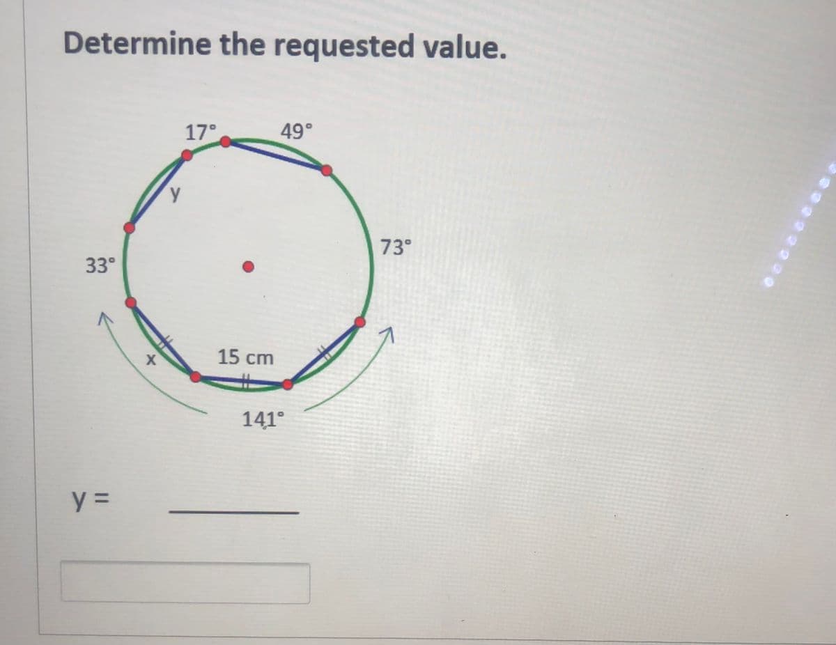 Determine the requested value.
17°
49°
73°
33°
15 cm
141°
%3D
2220
