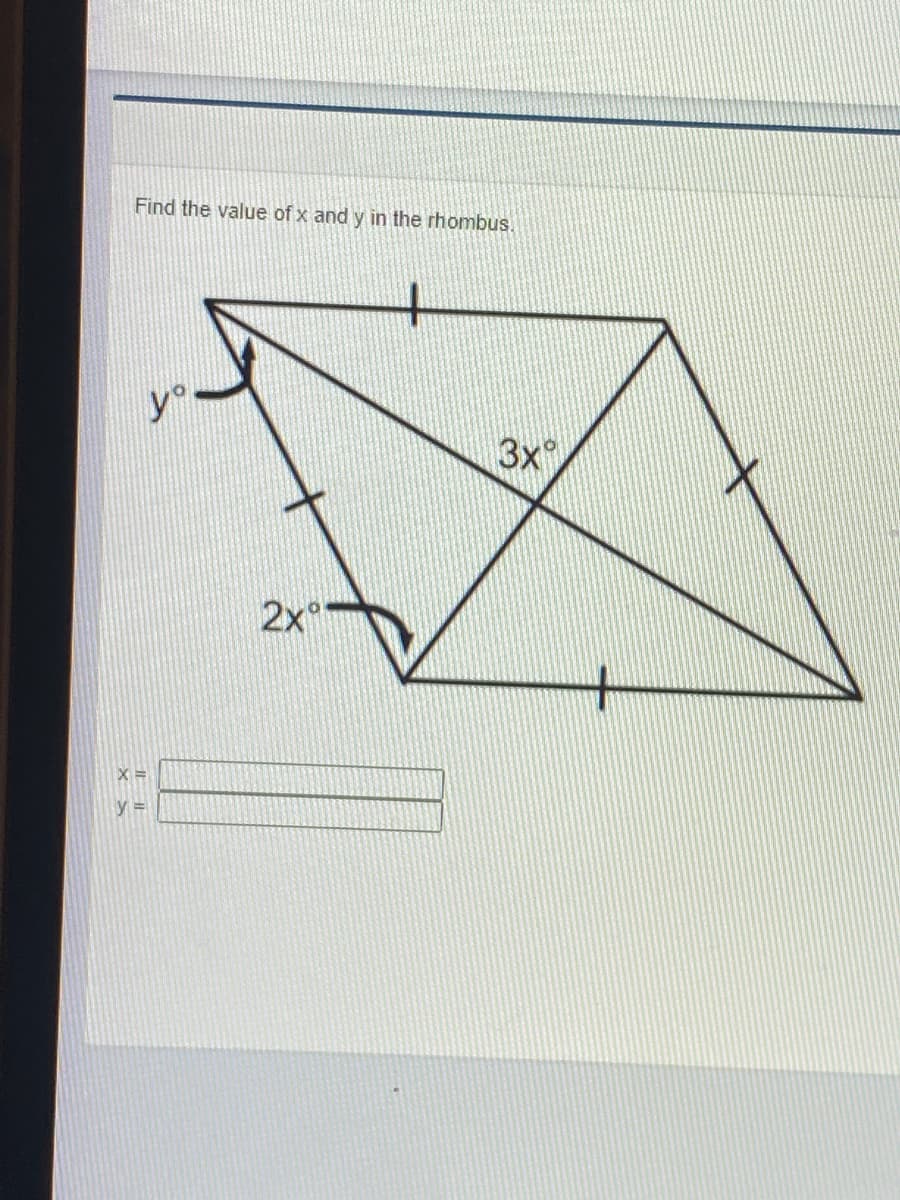 Find the value of x and y in the rhombus.
y°
3x°
2x

