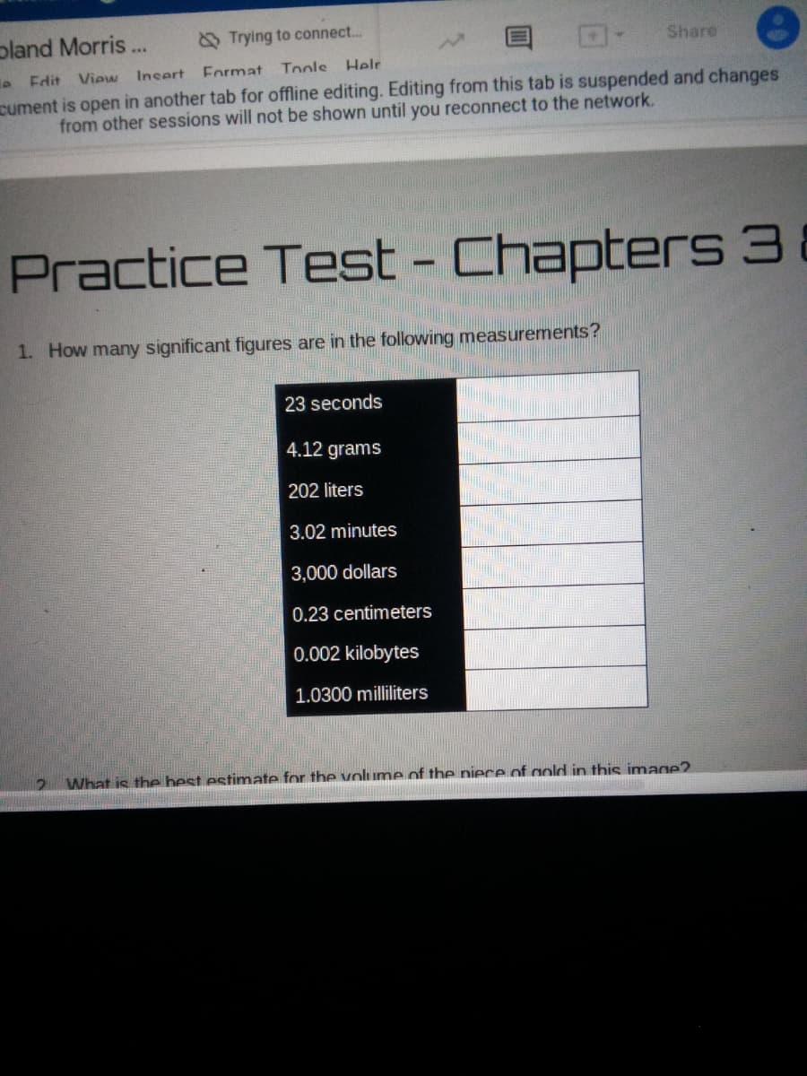 pland Morris..
O Trying to connect...
Share
e Edit View Insert
Format Tools
Helr
cument is open in another tab for offline editing. Editing from this tab is suspended and changes
from other sessions will not be shown until you reconnect to the network.
Practice Test - Chapters 3
1. How many significant figures are in the following measurements?
23 seconds
4.12 grams
202 liters
3.02 minutes
3,000 dollars
0.23 centimeters
0.002 kilobytes
1.0300 milliliters
What is the best estimate for the volume of the niece of gold in this image?
