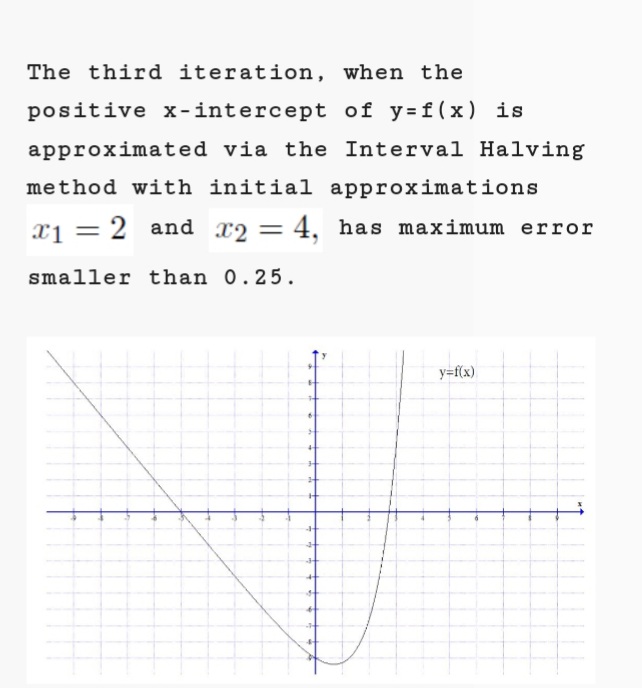 The third iteration, when the
positive x-intercept of y=f(x ) is
approximated via the Interval Halving
method with initial approximations
x1 = 2 and r2 = 4, has maximum error
smaller than 0.25.
y=f(x)
