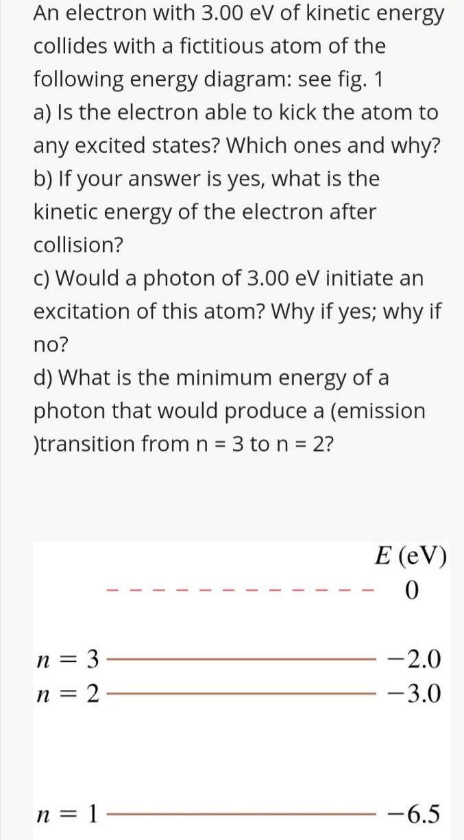 An electron with 3.00 eV of kinetic energy
collides with a fictitious atom of the
following energy diagram: see fig. 1
a) Is the electron able to kick the atom to
any excited states? Which ones and why?
b) If your answer is yes, what is the
kinetic energy of the electron after
collision?
c) Would a photon of 3.00 eV initiate an
excitation of this atom? Why if yes; why if
no?
d) What is the minimum energy of a
photon that would produce a (emission
)transition from n = 3 to n = 2?
E (eV)
n = 3
-2.0
n = 2 -
-3.0
n = 1
-6.5
