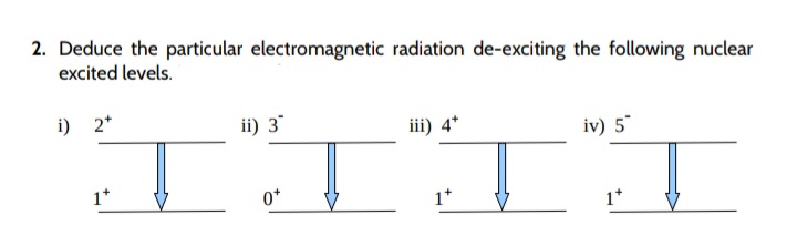 2. Deduce the particular electromagnetic radiation de-exciting the following nuclear
excited levels.
i) 2*
ii) 3
ii)
iv) 5
1*
0*
1*
1*
