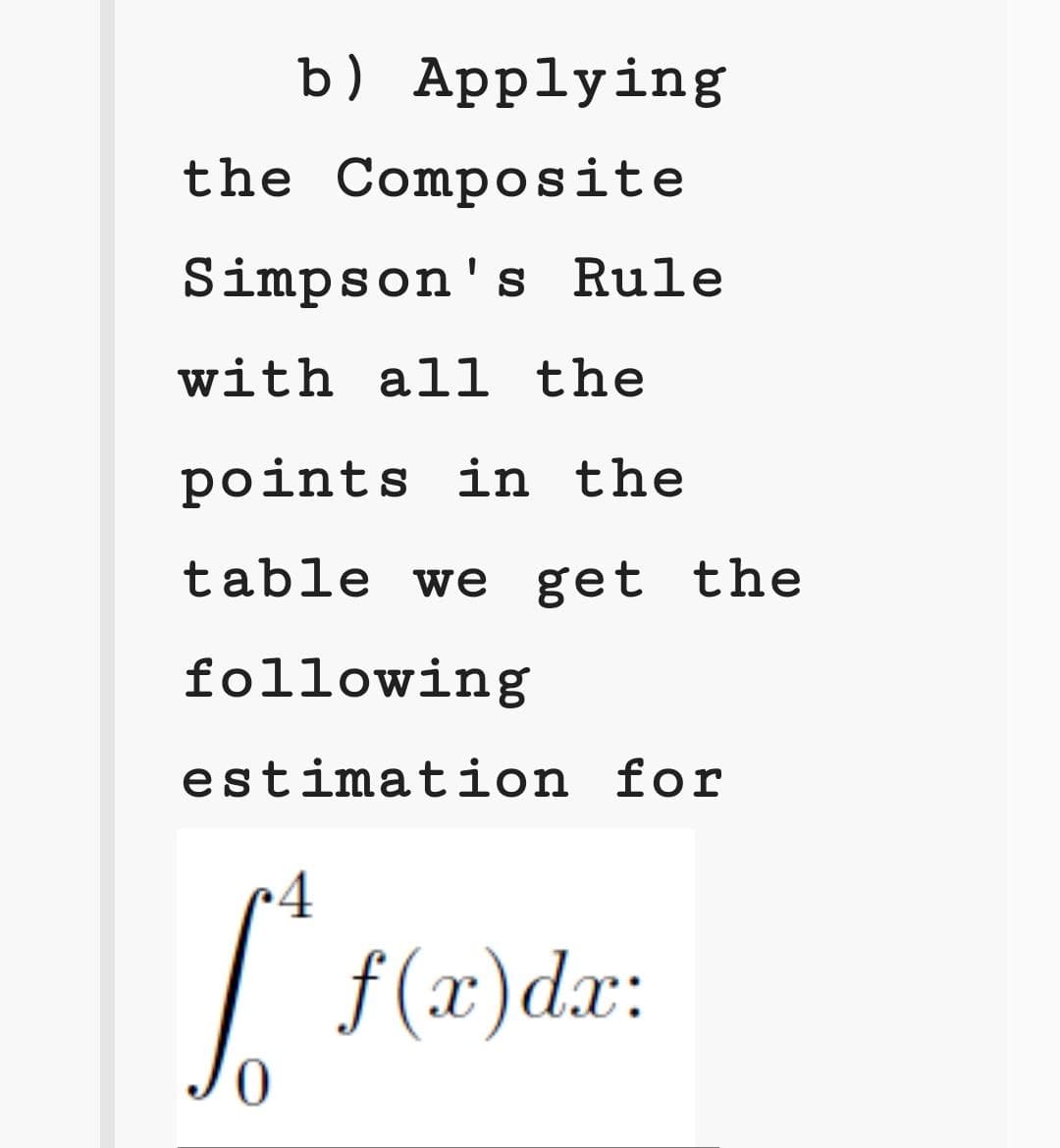 b) Applying
the Composite
Simpson's Rule
with all the
points in the
table we get the
following
estimation for
|
f (x)dx:
