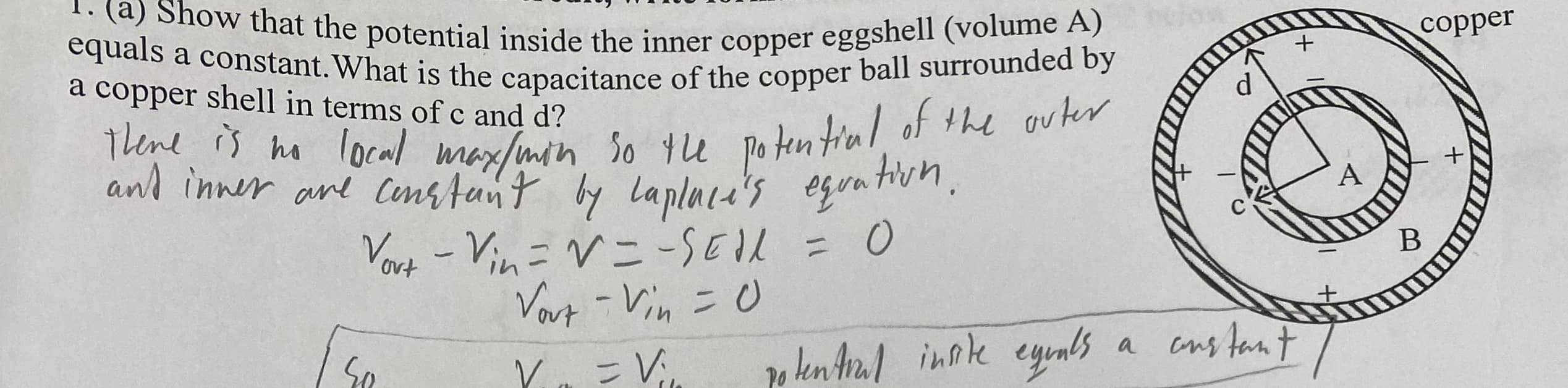 1. (a) Show that the potential inside the inner copper eggshell (volume A)
copper
equals a constant. What is the capacitance of the copper ball surrounded by
a copper shell in terms of c and d?
thene is ha local max/min So tu po ten tial of the outer
and inner and cons funt by Lanlnce's eguatiun,
out
3=31=N="1-
Vart -Vin =0
a cus tant
kn ta/ inok egunls
So
