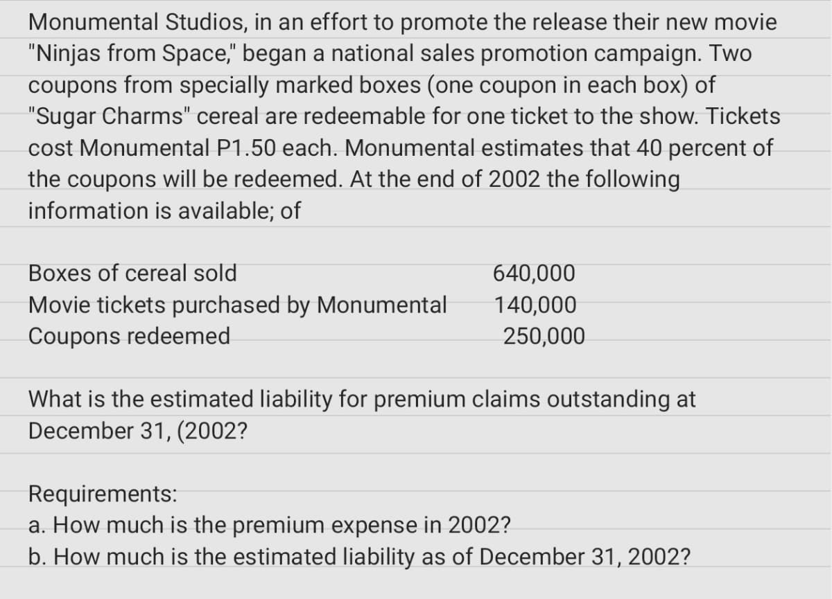 Monumental Studios, in an effort to promote the release their new movie
"Ninjas from Space," began a national sales promotion campaign. Two
coupons from specially marked boxes (one coupon in each box) of
"Sugar Charms" cereal are redeemable for one ticket to the show. Tickets
cost Monumental P1.50 each. Monumental estimates that 40 percent of
the coupons will be redeemed. At the end of 2002 the following
information is available; of
Boxes of cereal sold
640,000
Movie tickets purchased by Monumental
Coupons redeemed
140,000
250,000
What is the estimated liability for premium claims outstanding at
December 31, (2002?
Requirements:
a. How much is the premium expense in 2002?
b. How much is the estimated liability as of December 31, 2002?

