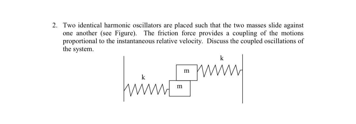 2. Two identical harmonic oscillators are placed such that the two masses slide against
one another (see Figure). The friction force provides a coupling of the motions
proportional to the instantaneous relative velocity. Discuss the coupled oscillations of
the system.
m
k
m
