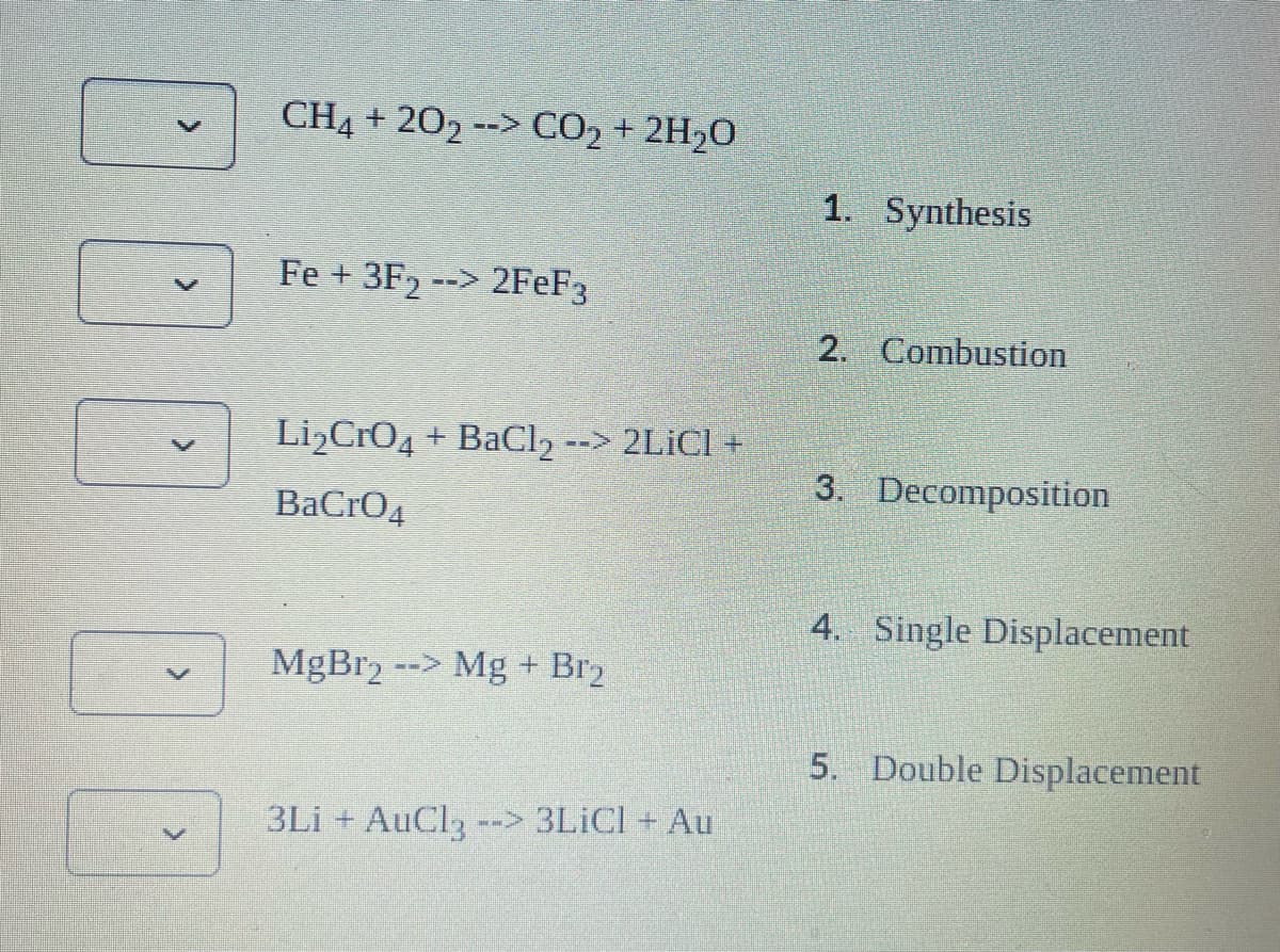 CH4 + 202 --> CO2 + 2H20
1. Synthesis
Fe + 3F2 --> 2FeF3
2. Combustion
Li,CrO4 + BaCl2
--> 2LICI +
3. Decomposition
BaCro4
4. Single Displacement
MgBr2 --> Mg + Br2
5. Double Displacement
3Li + AuCl, --> 3LICI + Au
