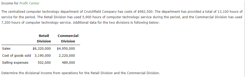 Income for Profit Center
The centralized computer technology department of Crutchfield Company has costs of $982,500. The department has provided a total of 13,100 hours of
service for the period. The Retail Division has used 5,900 hours of computer technology service during the period, and the Commercial Division has used
7,200 hours of computer technology service. Additional data for the two divisions is following below:
Retail
Commercial
Division
Division
Sales
$6,320,000
$4,950,000
Cost of goods sold 3,190,000
2,220,000
Selling expenses
502,000
489,000
Determine the divisional income from operations for the Retail Division and the Commercial Division.
