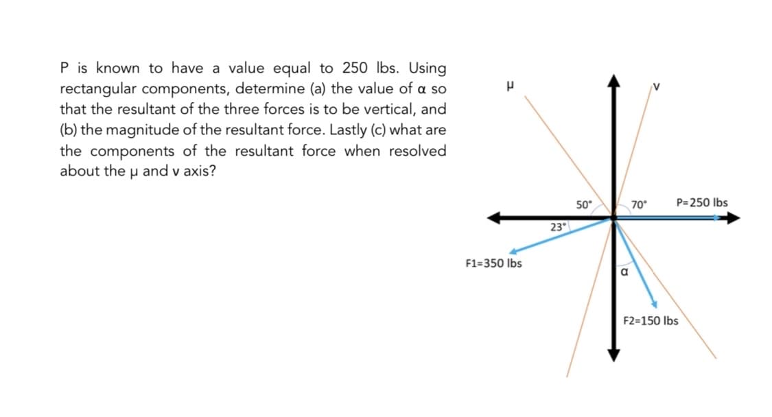 P is known to have a value equal to 250 Ibs. Using
rectangular components, determine (a) the value of a so
that the resultant of the three forces is to be vertical, and
(b) the magnitude of the resultant force. Lastly (c) what are
the components of the resultant force when resolved
about the u and v axis?
50°
70°
P=250 Ibs
23°
F1=350 lbs
F2=150 Ibs
