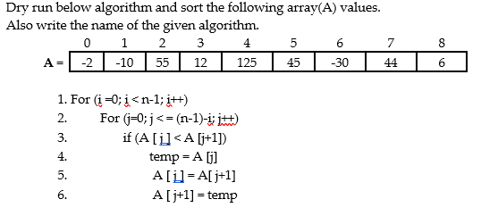 Dry run below algorithm and sort the following array(A) values.
Also write the name of the given algorithm.
0 1
A = -2
2
3
4
7
8
-10
55
12
125
45
-30
44
6.
1. For (i =0; į<n-1; į++)
For (j-0;j<= (n-1)-i; itt)
if (A [i]<A [j+1])
temp = A [j]
A[il= A[ j+1]
A[j+1] = temp
2.
3.
4.
5.
6.
