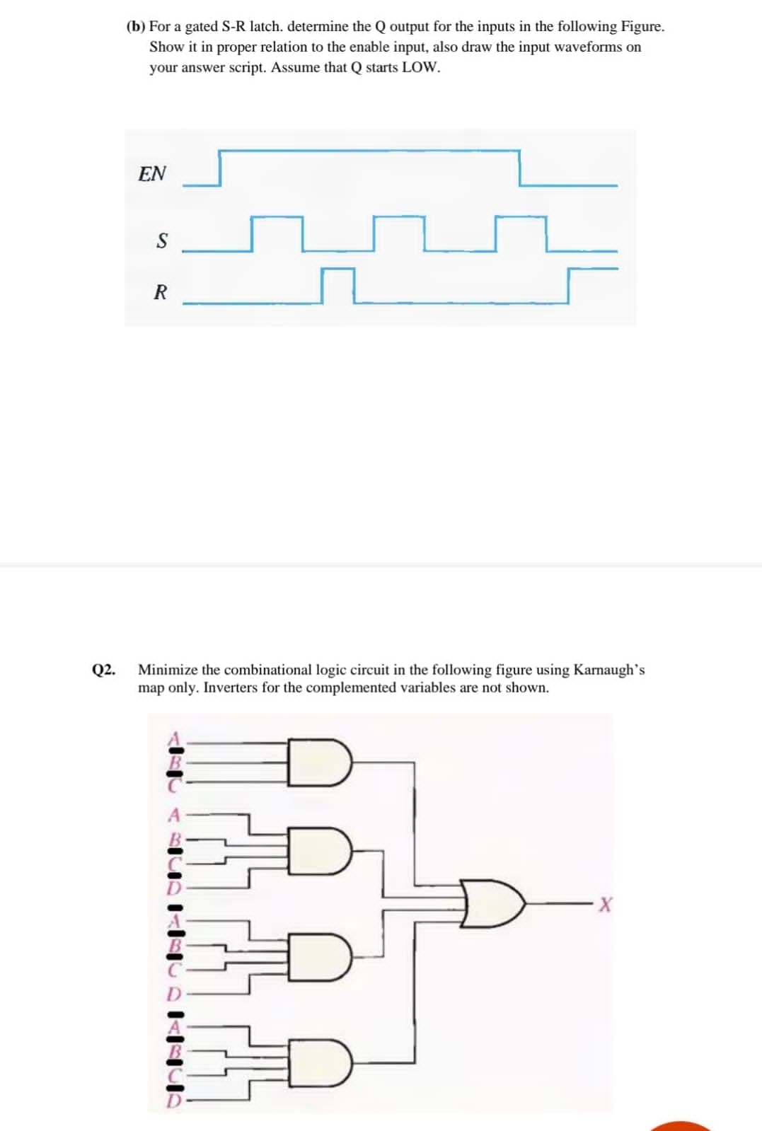 (b) For a gated S-R latch. determine the Q output for the inputs in the following Figure.
Show it in proper relation to the enable input, also draw the input waveforms on
your answer script. Assume that Q starts LOW.
EN
S
R
Minimize the combinational logic circuit in the following figure using Karnaugh's
map only. Inverters for the complemented variables are not shown.
Q2.
