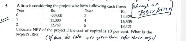 4.
A firm is considering the project who have following cash flows as
Year
Rs.
Year
Rs.
3
4
5
18,421
Calculate NPV of the project if the cost of capital is 10 per cent. What is the
project's IRR?
(2) two dis rale are given then take there argi).
0
1
2
-50,000
11,300
12,769
14,429
16,305
on
Issurbrice