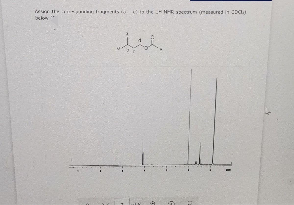 Assign the corresponding fragments (a - e) to the 1H NMR spectrum (measured in CDCI3)
below (-
a
a
