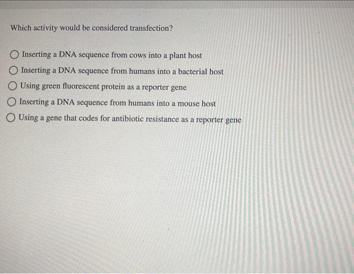 Which activity would be considered transfection?
O Inserting a DNA sequence from cows into a plant host
O Inserting a DNA sequence from humans into a bacterial host
O Using green fluorescent protein as a reporter gene
O Inserting a DNA sequence from humans into a mouse host
O Using a gene that codes for antibiotic resistance as a reporter gene
