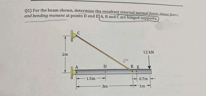 01) For the beam shown, determine the resultant internal normal force, shear force,
and bending moment at points D and EA, B and C are hinged supports.
12 kN
2m
D
B E
1.5m
0.7m
3m
1m
