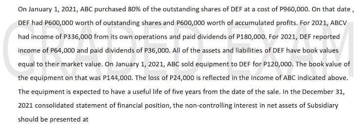 On January 1, 2021, ABC purchased 80% of the outstanding shares of DEF at a cost of P960,000. On that date,
DEF had P600,000 worth of outstanding shares and P600,000 worth of accumulated profits. For 2021, ABCV
had income of P336,000 from its own operations and paid dividends of P180,000. For 2021, DEF reported
income of P64,000 and paid dividends of P36,000. All of the assets and liabilities of DEF have book values
equal to their market value. On January 1, 2021, ABC sold equipment to DEF for P120,000. The book value of
the equipment on that was P144,000. The loss of P24,000 is reflected in the income of ABC indicated above.
The equipment is expected to have a useful life of five years from the date of the sale. In the December 31,
2021 consolidated statement of financial position, the non-controlling interest in net assets of Subsidiary
should be presented at
