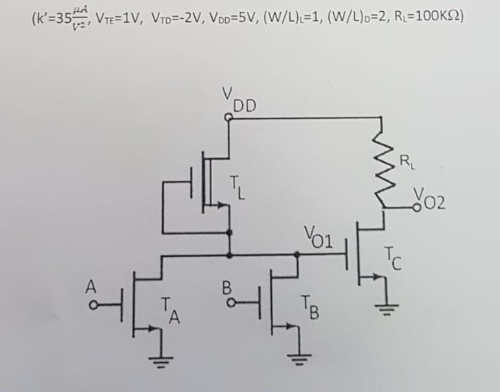 (k'=35, VTE=1V, VTD=-2V, VDD=5V, (W/L).=1, (W/L)»=2, R2=100K2)
V.
DD
R
02
Tc
A.
B.
