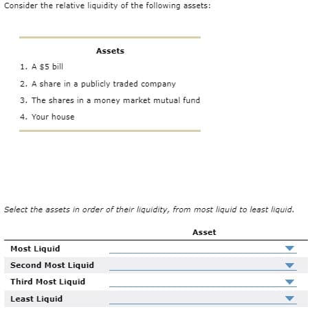 Consider the relative liquidity of the following assets:
Assets
1. A $5 bill
2. A share in a publicly traded company
3. The shares in a money market mutual fund
4. Your house
Select the assets in order of their liquidity, from most liquid to least liquid.
Most Liquid
Second Most Liquid
Third Most Liquid
Least Liquid
Asset