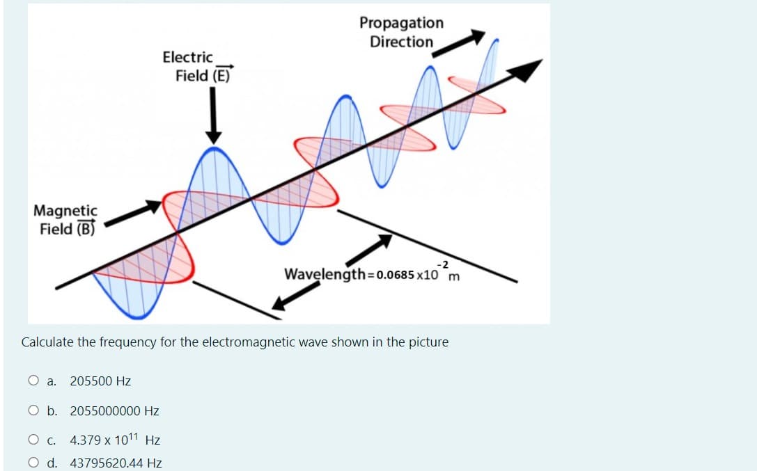 Propagation
Direction
Electric
Field (E)
Magnetic
Field (B)
-2
Wavelength=0.0685 x10 m
Calculate the frequency for the electromagnetic wave shown in the picture
O a.
205500 Hz
O b. 2055000000 Hz
O c. 4.379 x 1011 Hz
O d. 43795620.44 Hz

