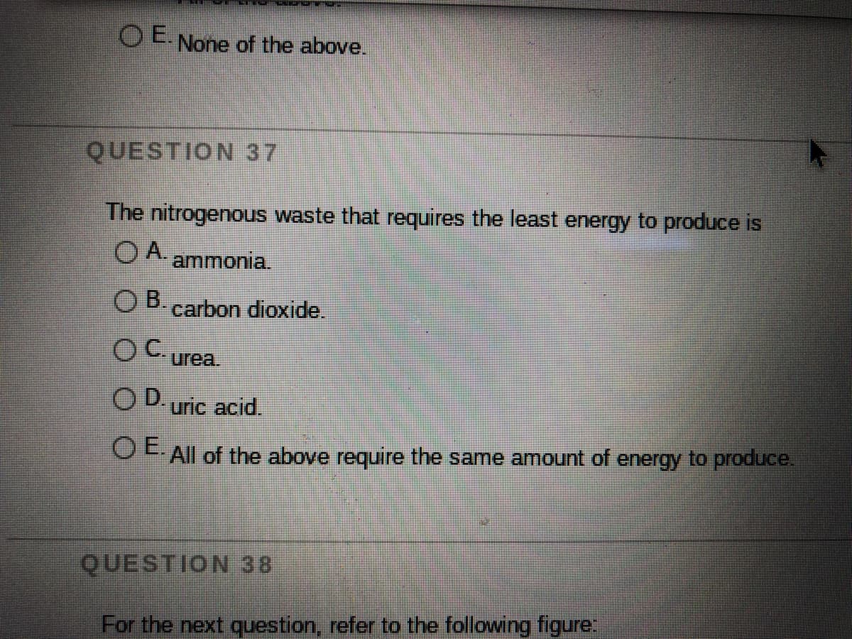 O E None of the above.
QUESTION 37
The nitrogenous waste that requires the least energy to produce is
O A. ammonia.
OB.
O B.carbon dioxide.
OC.urea.
OD uric acid.
OE All of the above require the same amount of energy to produce.
QUESTION 38
For the next question, refer to the following figure:
