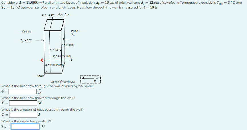 Consider a A = 11.0000 m² wall with two layers of insulation: d = 16 cm of brick wall and d = 12 cm of styrofoam. Temperature outside is Tout = 3 °C and
T = 12 °C between styrofoam and brick layers. Heat flow through the wall is measured for t = 10 h
d = 12 cm d = 16 cm
Outside
Tu = 3°C
foam
Inside
T₂
A = 11.0 m²
k=0.01 W/(mK
= 12 °C
k=0.8 W/(mK)
$
system of coordinates
What is the heat flow through the wall divided by wall area?
What is the inside temperature?
°C
Tin
What is the heat flow (power) through the wall?
P =
W
What is the amount of heat passed through the wall?
Q =