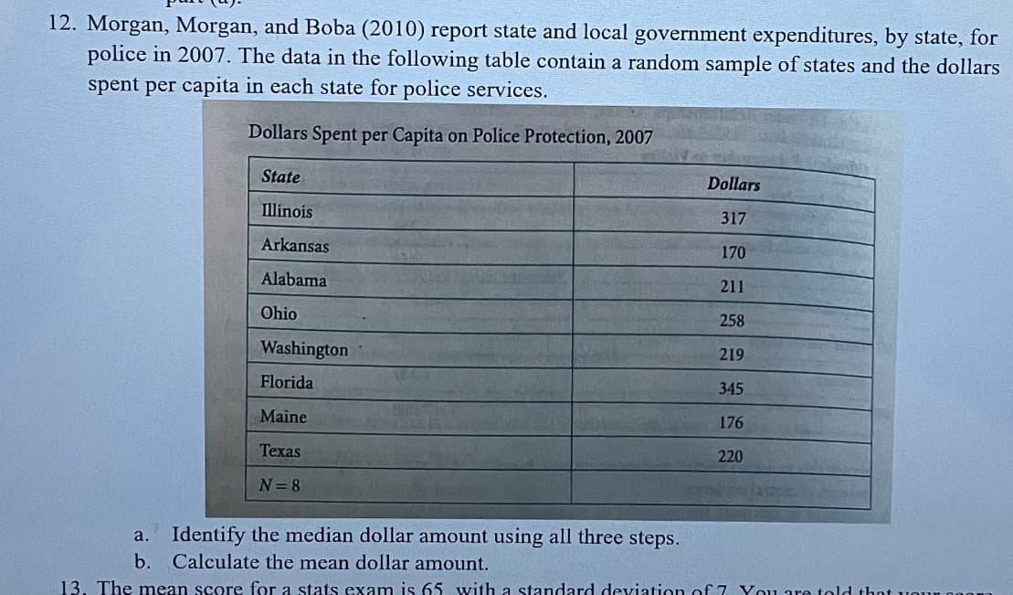 12. Morgan, Morgan, and Boba (2010) report state and local government expenditures, by state, for
police in 2007. The data in the following table contain a random sample of states and the dollars
spent per capita in each state for police services.
Dollars Spent per Capita on Police Protection, 2007
State
Illinois
Arkansas
Alabama
Ohio
a.
b.
Washington
Florida
Maine
Texas
N=8
Dollars
317
170
211
258
219
345
176
220
pohon la
Identify the median dollar amount using all three steps.
Calculate the mean dollar amount.
13. The mean score for a stats exam is 65 with a standard deviation of 7 You are told that