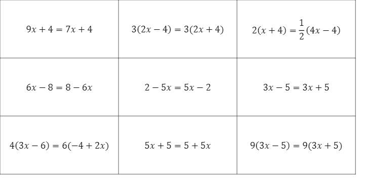 9х + 4 %3D 7х + 4
3(2х — 4) %3D 3(2х + 4)
2(x + 4) =(4x – 4)
1
(4х —
-
6х — 8 3 8— 6х
2 - 5х 3 5х — 2
Зх — 5 3 3х + 5
4(3х — 6) — 6(-4 + 2х)
5х + 5 3 5 + 5х
9(3х — 5) %3D 9(3х + 5)
