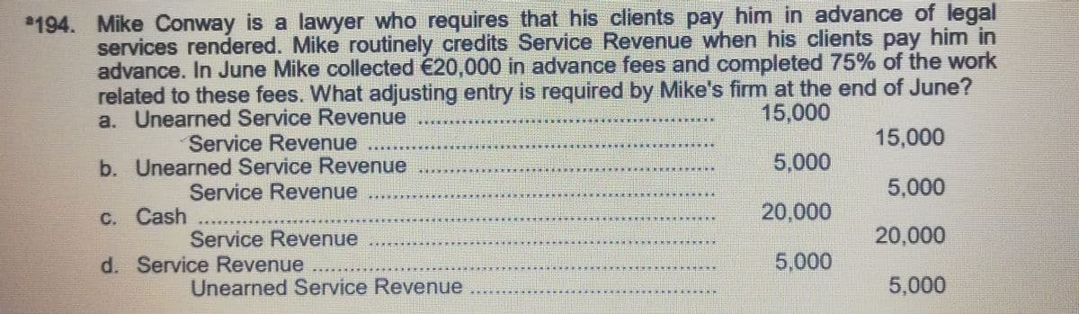 194. Mike Conway is a lawyer who requires that his clients pay him in advance of legal
services rendered. Mike routinely credits Service Revenue when his clients pay him in
advance. In June Mike collected €20,000 in advance fees and completed 75% of the work
related to these fees. What adjusting entry is required by Mike's firm at the end of June?
a. Unearned Service Revenue
15,000
Service Revenue
15,000
b. Unearned Service Revenue
5,000
Service Revenue
5,000
C. Cash
20,000
20,000
Service Revenue
d. Service Revenue
5,000
Unearned Service Revenue
5,000
