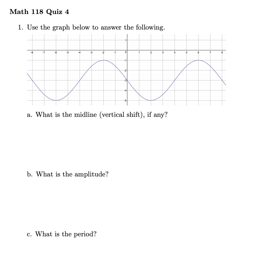 Math 118 Quiz 4
1. Use the graph below to answer the following.
-7
-5
-4
-3
-2
-1
5
6
a. What is the midline (vertical shift), if any?
b. What is the amplitude?
c. What is the period?
