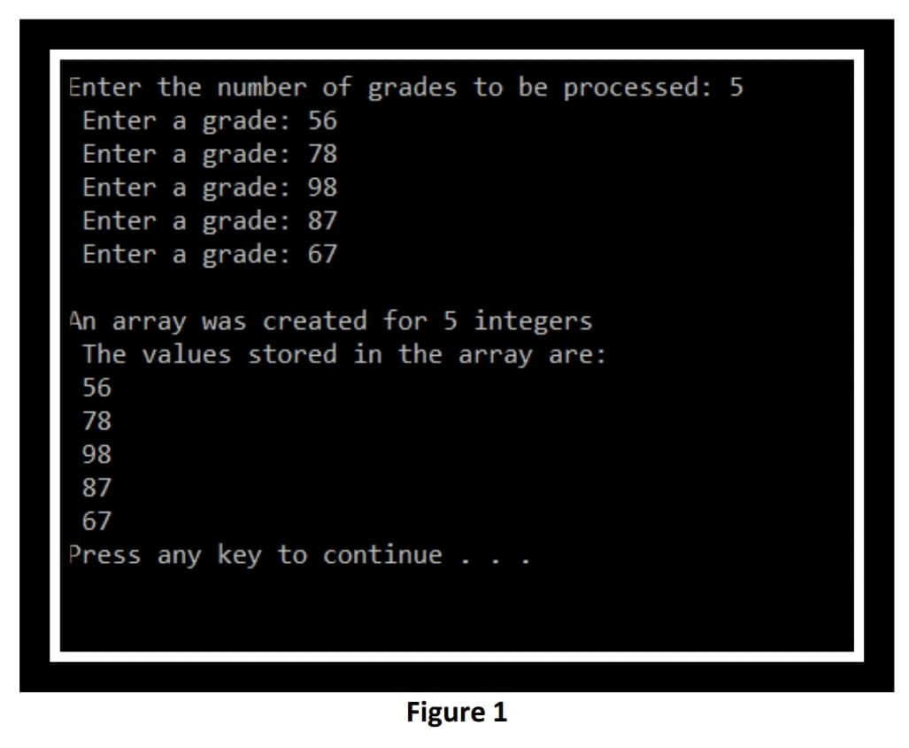 Enter the number of grades to be processed: 5
Enter a grade: 56
Enter a grade: 78
Enter a grade: 98
Enter a grade: 87
Enter a grade: 67
An array was created for 5 integers
The values stored in the array are:
56
78
98
87
67
Press any key to continue
Figure 1
