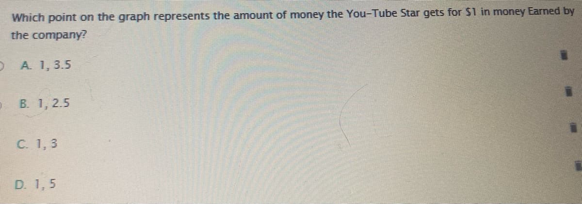 Which point on the graph represents the amount of money the You-Tube Star gets for S1 in money Earned by
the company?
O A 1, 3.5
B. 1, 2.5
C. 1,3
D. 1, 5
