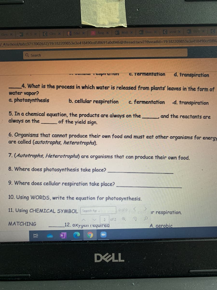 A Armp x
O Mail x
WDoc X C view X
Dee x C
Gen xN 7CS x C Clev X
E Edul x
| #/school/tab:3717002657/19:182209853e3e418490cd5f8691a0d946@thread.tacv2?threadld%3D19:182209853e3e418490cd5f86
Q Search
C. Termentation
d. transpiration
4. What is the process in which water is released from plants' leaves in the form of
water vapor?
a. photosynthesis
b. cellular respiration
c. fermentation
d. transpiration
5. In a chemical equation, the products are always on the
always on the
and the reactants are
of the yield sign.
6. Organisms that cannot produce their own food and must eat other organisms for energy
are called (autotrophs, heterotrophs).
7. (Autotrophs, Heterotrophs) are organisms that can produce their own food.
8. Where does photosynthesis take place?
9. Where does cellular respiration take place?
10. Using WORDS, write the equation for photosynthesis.
11. Using CHEMICAL SYMBOL Search for
ir respiration.
2
of 2
MATCHING
12. oxyyen r'equired
A. aerobic
DELL
