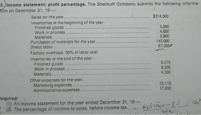 5.) Income statement; profit percentage. The Shelikoff Company submits the following informa-
ion on December 31, 19--:
$314.000
Sales for the year..
Inventories at the beginning of the year:
Finished goods
Work in process.
Materials
Purchases of materials for the year
Direct labor
5,900
4,600
3,800
140,000
67,350/
Factory overhead: 50% of labor cost
Inventories at the end of the year:
Finished goods
Work in process.
Materials
9.270
6,200
4,300
Other expenses for the year:
Marketing expenses
Administrative expenses
23,115
17,650
Required:
(1) An income statement for the year ended December 31, 19--
(2) The percentage of income to sales, before income tax.
