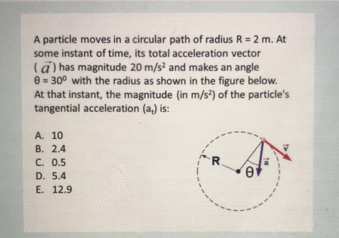 A particle moves in a circular path of radius R = 2 m. At
some instant of time, its total acceleration vector
(ā) has magnitude 20 m/s2 and makes an angle
0 = 30° with the radius as shown in the figure below.
At that instant, the magnitude (in m/s²) of the particle's
tangential acceleration (a,) is:
А. 10
В. 2.4
C. 0.5
R.
D. 5.4
E. 12.9
